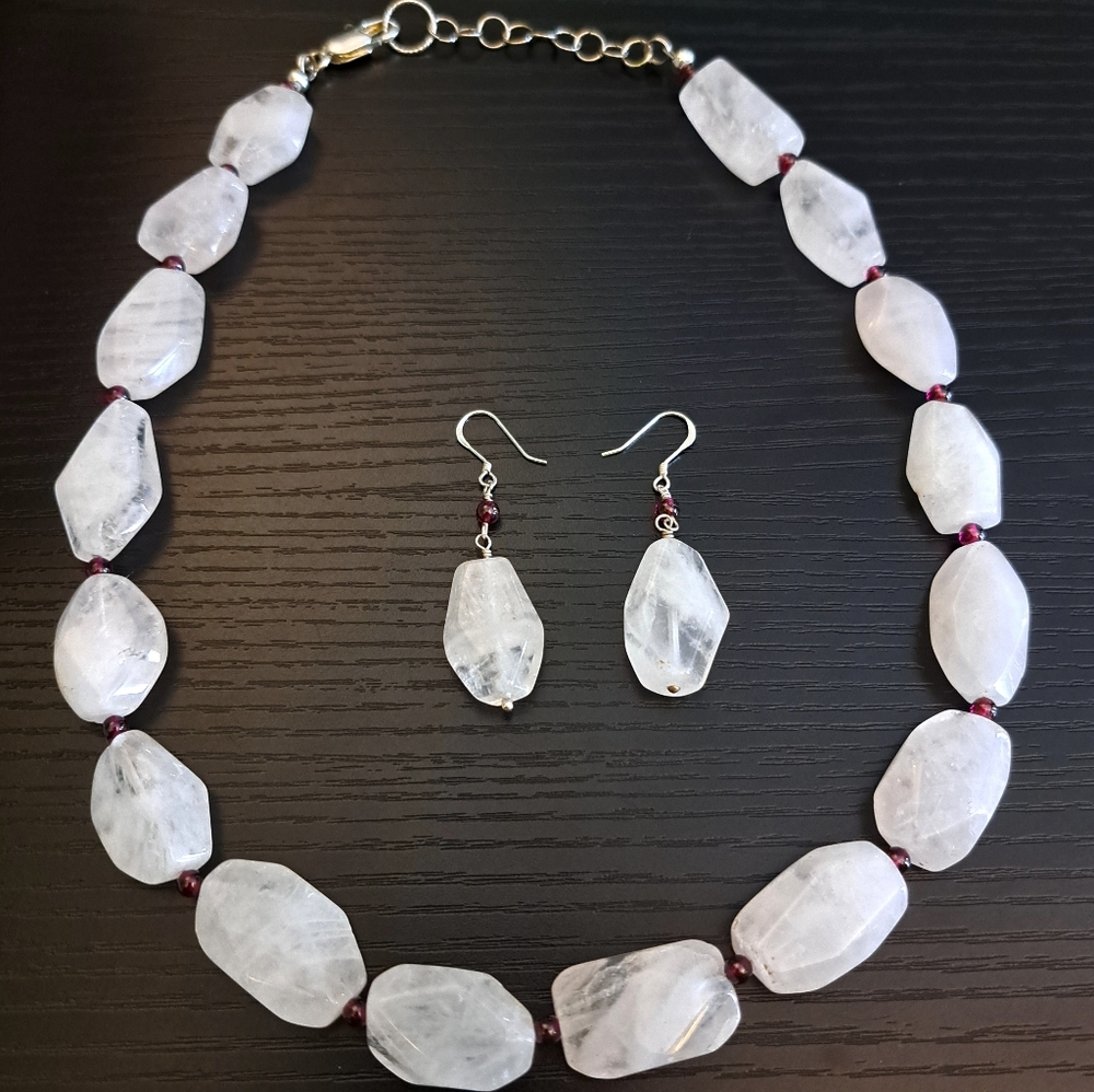 Amazing Rose Quartz & Garnet Choker Necklace & Earring Set in  Sterling Silver